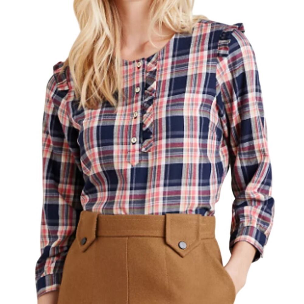 Anthropologie Isabella Sinclair Pink Navy 100% Cotton Ruffle Plaid Academia Top